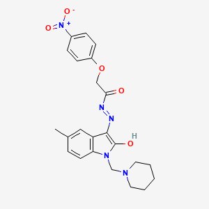 molecular formula C23H25N5O5 B12711598 Acetic acid, (4-nitrophenoxy)-, (1,2-dihydro-5-methyl-2-oxo-1-(1-piperidinylmethyl)-3H-indol-3-ylidene)hydrazide CAS No. 81215-63-6
