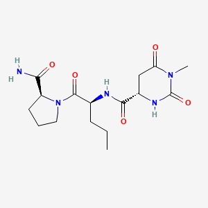 molecular formula C16H25N5O5 B12711882 L-Prolinamide, N-((hexahydro-1-methyl-2,6-dioxo-4-pyrimidinyl)carbonyl)-L-norvalyl-, (S)-, hemihydrate CAS No. 128055-89-0