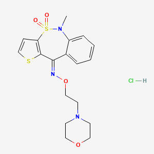 molecular formula C18H22ClN3O4S2 B12712249 Thieno(3,2-c)(2,1)benzothiazepin-10(5H)-one, 5-methyl-, O-(2-(4-morpholinyl)ethyl)oxime, 4,4-dioxide, monohydrochloride CAS No. 181145-44-8