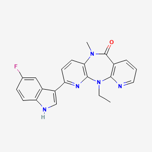 molecular formula C22H18FN5O B12712581 2-ethyl-5-(5-fluoro-1H-indol-3-yl)-9-methyl-2,4,9,15-tetrazatricyclo[9.4.0.03,8]pentadeca-1(11),3(8),4,6,12,14-hexaen-10-one CAS No. 192189-27-8