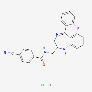 molecular formula C25H22ClFN4O B12713061 Benzamide, 4-cyano-N-((5-(2-fluorophenyl)-1-methyl-2,3-dihydro-1H-1,4-benzodiazepin-2-yl)methyl)-, monohydrochloride CAS No. 83736-64-5