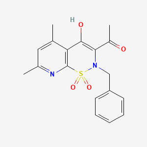 molecular formula C18H18N2O4S B12713149 Ethanone, 1-(4-hydroxy-5,7-dimethyl-2-(phenylmethyl)-2H-pyrido(3,2-e)-1,2-thiazin-3-yl)-, S,S-dioxide CAS No. 108586-70-5