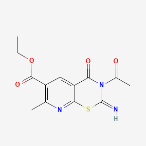 molecular formula C13H13N3O4S B12713782 2H-Pyrido(3,2-e)(1,3)thiazine-6-carboxylic acid, 3,4-dihydro-3-acetyl-2-imino-7-methyl-4-oxo-, ethyl ester CAS No. 95931-75-2