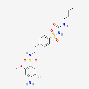 molecular formula C20H27ClN4O6S2 B12713956 Benzenesulfonamide, 4-amino-N-(2-(4-((((butylamino)carbonyl)amino)sulfonyl)phenyl)ethyl)-5-chloro-2-methoxy- CAS No. 81514-38-7