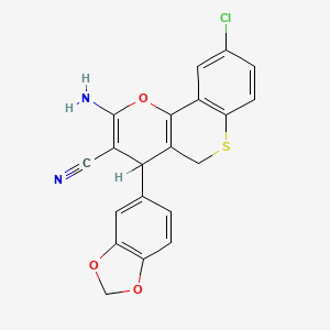 molecular formula C20H13ClN2O3S B12713975 4H,5H-(1)Benzothiopyrano(4,3-b)pyran-3-carbonitrile, 2-amino-4-(1,3-benzodioxol-5-yl)-9-chloro- CAS No. 135521-75-4