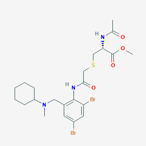 molecular formula C22H31Br2N3O4S B12714014 L-Cysteine, N-acetyl-S-(2-((2,4-dibromo-6-((cyclohexylmethylamino)methyl)phenyl)amino)-2-oxoethyl)-, methyl ester CAS No. 97290-45-4