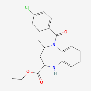 molecular formula C20H21ClN2O3 B12714108 1H-1,5-Benzodiazepine-2-carboxylic acid, 2,3,4,5-tetrahydro-5-(4-chlorobenzoyl)-4-methyl-, ethyl ester CAS No. 121635-56-1