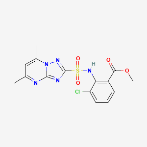 molecular formula C15H14ClN5O4S B12714247 Benzoic acid, 3-chloro-2-(((5,7-dimethyl(1,2,4)triazolo(1,5-a)pyrimidin-2-yl)sulfonyl)amino)-, methyl ester CAS No. 144760-26-9