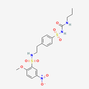 molecular formula C19H24N4O8S2 B12715077 Benzenesulfonamide, 2-methoxy-5-nitro-N-(2-(4-((((propylamino)carbonyl)amino)sulfonyl)phenyl)ethyl)- CAS No. 81514-28-5