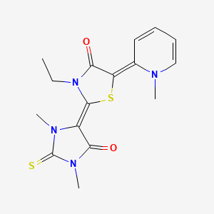 molecular formula C16H18N4O2S2 B12715128 2-(1,3-Dimethyl-5-oxo-2-thioxoimidazolidin-4-ylidene)-3-ethyl-5-(1-methyl-(1H)-pyridin-2-ylidene)thiazolidin-4-one CAS No. 94232-69-6