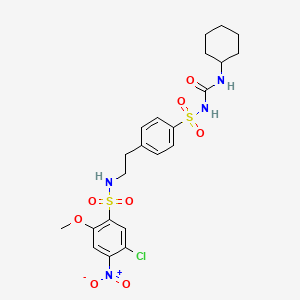 molecular formula C22H27ClN4O8S2 B12715257 Benzenesulfonamide, 5-chloro-N-(2-(4-((((cyclohexylamino)carbonyl)amino)sulfonyl)phenyl)ethyl)-2-methoxy-4-nitro- CAS No. 81514-36-5