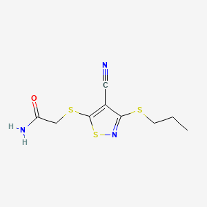 molecular formula C9H11N3OS3 B12715468 Acetamide, 2-((4-cyano-3-(propylthio)-5-isothiazolyl)thio)- CAS No. 135489-21-3
