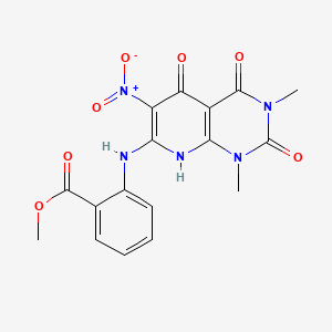 molecular formula C17H15N5O7 B12715719 Benzoic acid, 2-((1,2,3,4,5,8-hexahydro-1,3-dimethyl-6-nitro-2,4,5-trioxopyrido(2,3-d)pyrimidin-7-yl)amino)-, methyl ester CAS No. 141985-44-6