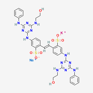 molecular formula C36H34KN12NaO8S2 B12715797 Potassium sodium 4,4'-bis((6-anilino-4-((2-hydroxyethyl)amino)-1,3,5-triazin-2-yl)amino)stilbene-2,2'-disulphonate CAS No. 85187-70-8