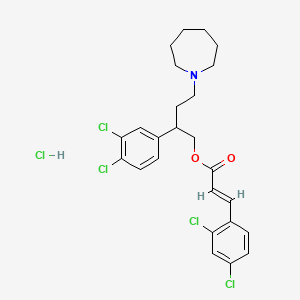 molecular formula C25H28Cl5NO2 B12715863 2-Propenoic acid, 3-(2,4-dichlorophenyl)-, 2-(3,4-dichlorophenyl)-4-(hexahydro-1H-azepin-1-yl)butyl ester, hydrochloride CAS No. 119585-13-6
