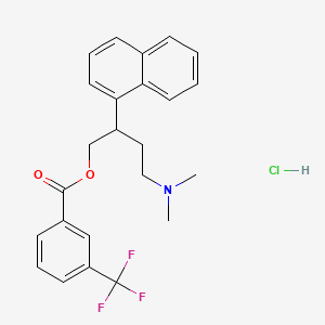 molecular formula C24H25ClF3NO2 B12715985 Benzoic acid, 3-(trifluoromethyl)-, 4-(dimethylamino)-2-(1-naphthalenyl)butyl ester, hydrochloride CAS No. 119585-08-9