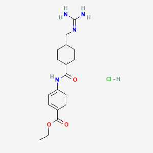 molecular formula C18H27ClN4O3 B12716024 Benzoic acid, 4-(((4-(((aminoiminomethyl)amino)methyl)cyclohexyl)carbonyl)amino)-, ethyl ester, monohydrochloride, trans- CAS No. 148270-03-5