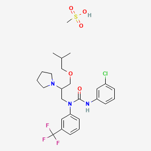 molecular formula C26H35ClF3N3O5S B12716059 Urea, N'-(3-chlorophenyl)-N-(3-(2-methylpropoxy)-2-(1-pyrrolidinyl)propyl)-N-(3-(trifluoromethyl)phenyl)-, monomethanesulfonate CAS No. 86398-81-4