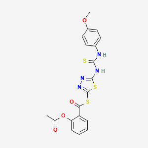 molecular formula C19H16N4O4S3 B12716539 Benzenecarbothioic acid, 2-(acetyloxy)-, S-(5-((((4-methoxyphenyl)amino)thioxomethyl)amino)-1,3,4-thiadiazol-2-yl) ester CAS No. 86910-95-4
