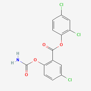 molecular formula C14H8Cl3NO4 B12716657 Benzoic acid, 2-((aminocarbonyl)oxy)-5-chloro-, 2,4-dichlorophenyl ester CAS No. 88599-65-9