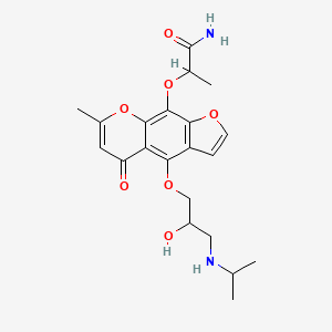 molecular formula C21H26N2O7 B12716675 Propanamide, 2-((4-(2-hydroxy-3-((1-methylethyl)amino)propoxy)-7-methyl-5-oxo-5H-furo(3,2-g)(1)benzopyran-9-yl)oxy)- CAS No. 130919-40-3