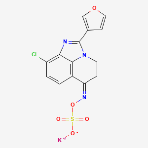 molecular formula C14H9ClKN3O5S B12716687 Hydroxylamine-O-sulfonic acid, N-(9-chloro-2-(3-furanyl)-4,5-dihydro-6H-imidazo(4,5,1-ij)quinolin-6-ylidene)-, potassium salt CAS No. 134601-11-9