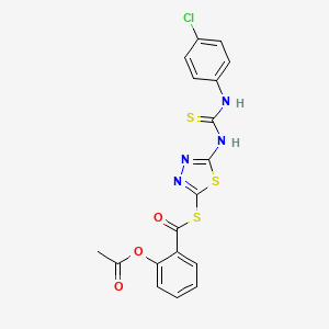 molecular formula C18H13ClN4O3S3 B12717108 Benzenecarbothioic acid, 2-(acetyloxy)-, S-(5-((((4-chlorophenyl)amino)thioxomethyl)amino)-1,3,4-thiadiazol-2-yl) ester CAS No. 86911-01-5