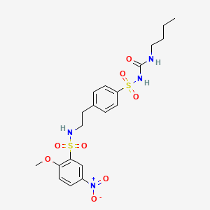 molecular formula C20H26N4O8S2 B12717285 Benzenesulfonamide, N-(2-(4-((((butylamino)carbonyl)amino)sulfonyl)phenyl)ethyl)-2-methoxy-5-nitro- CAS No. 81514-29-6