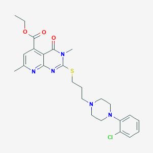 molecular formula C25H30ClN5O3S B127178 Pyrido(2,3-d)pyrimidine-5-carboxylic acid, 3,4-dihydro-2-((3-(4-(2-chlorophenyl)-1-piperazinyl)propyl)thio)-3,7-dimethyl-4-oxo-, ethyl ester CAS No. 147296-97-7