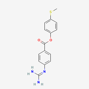 molecular formula C15H15N3O2S B12718523 Benzoic acid, 4-((aminoiminomethyl)amino)-, 4-(methylthio)phenyl ester CAS No. 79125-85-2