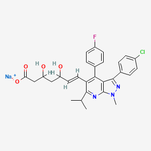 molecular formula C29H28ClFN3NaO4 B12718712 6-Heptenoic acid, 7-(3-(4-chlorophenyl)4-(4-fluorophenyl)-1-methyl-6-(1-methylethyl)-1H-pyrazolo(3,4-b)pyridin-5-yl)-3,5-dihydroxy-, monosodium salt CAS No. 126274-05-3