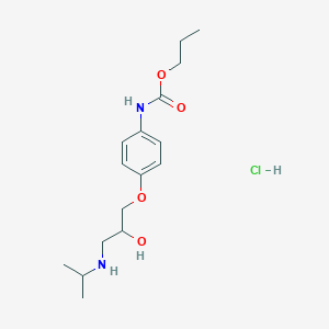molecular formula C16H27ClN2O4 B12718725 Carbamic acid, (4-(2-hydroxy-3-((1-methylethyl)amino)propoxy)phenyl)-, propyl ester, monohydrochloride CAS No. 83263-77-8