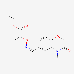 molecular formula C16H20N2O5 B12718773 Propanoic acid, 2-(((1-(3,4-dihydro-4-methyl-3-oxo-2H-1,4-benzoxazin-6-yl)ethylidene)amino)oxy)-, ethyl ester CAS No. 91119-53-8