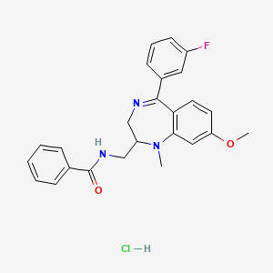 molecular formula C25H25ClFN3O2 B12718834 Benzamide, N-((5-(3-fluorophenyl)-8-methoxy-1-methyl-2,3-dihydro-1H-1,,4-benzodiazepin-2-yl)methyl)-, monohydrochloride CAS No. 83736-92-9