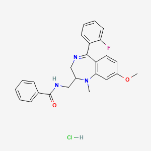 molecular formula C25H25ClFN3O2 B12719215 Benzamide, N-((5-(2-fluorophenyl)-8-methoxy-1-methyl-2,3-dihydro-1H-1,4-benzodiazepin-2-yl)methyl)-, monohydrochloride CAS No. 83736-93-0