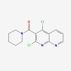 molecular formula C14H13Cl2N3O B12719611 Piperidine, 1-((2,4-dichloro-1,8-naphthyridin-3-yl)carbonyl)- CAS No. 126567-73-5