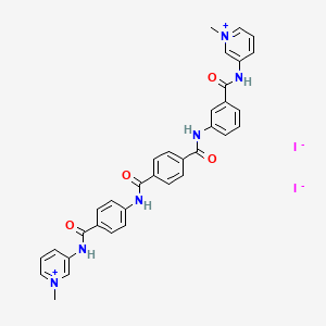 molecular formula C34H30I2N6O4 B12720353 Pyridinium, 1-methyl-3-(m-(p-((p-((1-methylpyridinium-3-yl)carbamoyl)phenyl)carbamoyl)benzamido)benzamido)-, diiodide CAS No. 102584-14-5