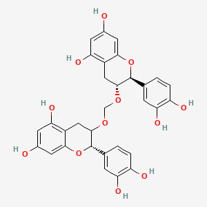 molecular formula C31H28O12 B12720468 2H-1-Benzopyran-5,7-diol, 3,3'-(methylenebis(oxy))bis(2-(3,4-dihydroxyphenyl)-3,4-dihydro-, (2R-(2alpha,3beta(2R*,3S*))- CAS No. 71628-12-1