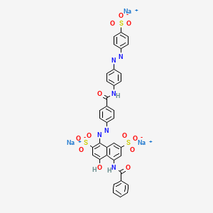 molecular formula C36H23N6Na3O12S3 B12721120 2,7-Naphthalenedisulfonic acid, 5-(benzoylamino)-4-hydroxy-1-((4-(((4-((4-sulfophenyl)azo)phenyl)amino)carbonyl)phenyl)azo)-, trisodium salt CAS No. 6949-17-3