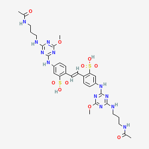 molecular formula C32H40N12O10S2 B12721385 2,2'-(1,2-Vinylene)bis(5-((4-((3-(acetylamino)propyl)amino)-6-methoxy-1,3,5-triazin-2-yl)amino)benzenesulphonic) acid CAS No. 84681-95-8