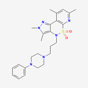 molecular formula C25H32N6O2S B12721406 Pyrazolo(4,3-c)pyrido(3,2-e)(1,2)thiazine, 2,4-dihydro-4-(3-(4-phenyl-1-piperazinyl)propyl)-2,3,7,9-tetramethyl-, 5,5-dioxide CAS No. 164357-33-9