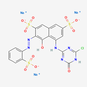 molecular formula C19H10ClN6Na3O11S3 B12721567 Trisodium 5-((6-chloro-1,4-dihydro-4-oxo-1,3,5-triazin-2-yl)amino)-4-hydroxy-3-((2-sulphonatophenyl)azo)naphthalene-2,7-disulphonate CAS No. 69511-01-9