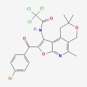 molecular formula C22H18BrCl3N2O4 B12721612 Acetamide, N-(2-(4-bromobenzoyl)-8,9-dihydro-5,8,8-trimethyl-6H-furo(2,3-b)pyrano(4,3-d)pyridin-1-yl)-2,2,2-trichloro- CAS No. 172985-38-5