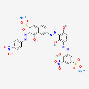 molecular formula C28H16N8Na2O14S2 B12721627 Disodium 6-((2,6-dihydroxy-3-((2-hydroxy-3-nitro-5-sulphonatophenyl)azo)phenyl)azo)-4-hydroxy-3-((4-nitrophenyl)azo)naphthalene-2-sulphonate CAS No. 93940-00-2
