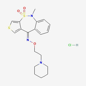 molecular formula C19H24ClN3O3S2 B12721788 Thieno(3,4-c)(2,1)benzothiazepin-10(5H)-one, 5-methyl-, O-(2-(1-piperidinyl)ethyl)oxime, 4,4-dioxide, monohydrochloride CAS No. 181145-39-1
