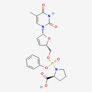 molecular formula C21H24N3O8P B12721913 L-Proline, 1-((((2S,5R)-5-(3,4-dihydro-5-methyl-2,4-dioxo-1(2H)-pyrimidinyl)-2,5-dihydro-2-furanyl)methoxy)phenoxyphosphinyl)- CAS No. 184031-62-7