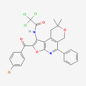 molecular formula C27H20BrCl3N2O4 B12722112 Acetamide, N-(2-(4-bromobenzoyl)-8,9-dihydro-8,8-dimethyl-5-phenyl-6H-furo(2,3-b)pyrano(4,3-d)pyridin-1-yl)-2,2,2-trichloro- CAS No. 172985-41-0