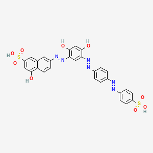 molecular formula C28H20N6O9S2 B12722495 7-((2,4-Dihydroxy-5-((4-((4-sulphophenyl)azo)phenyl)azo)phenyl)azo)-4-hydroxynaphthalene-2-sulphonic acid CAS No. 85959-25-7
