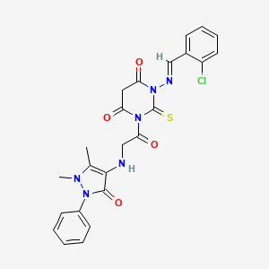 molecular formula C24H21ClN6O4S B12722696 4,6(1H,5H)-Pyrimidinedione, dihydro-1-(((2-chlorophenyl)methylene)amino)-3-(((2,3-dihydro-1,5-dimethyl-3-oxo-2-phenyl-1H-pyrazol-4-yl)amino)acetyl)-2-thioxo- CAS No. 151921-11-8