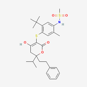molecular formula C28H37NO5S2 B12722737 n-(5-Tert-butyl-4-{[6-hydroxy-4-oxo-2-(2-phenylethyl)-2-(propan-2-yl)-3,4-dihydro-2h-pyran-5-yl]sulfanyl}-2-methylphenyl)methanesulfonamide CAS No. 263842-69-9